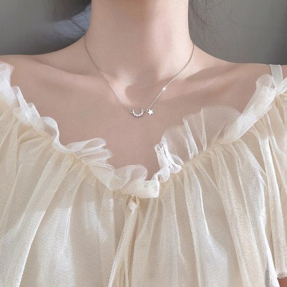 NEW Diamond Moon Star Sterling Silver Necklace - Picture 3 of 9